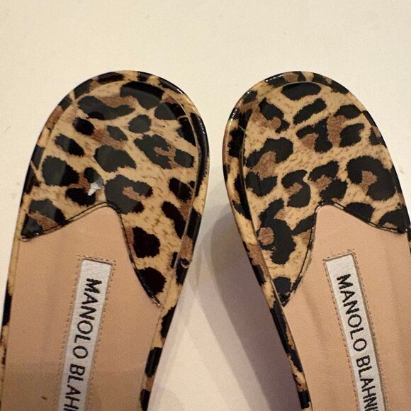 Manolo Blahnik Leopard Print Sandal patent Leather Kitten Heels 38.5 Italy - Picture 9 of 12
